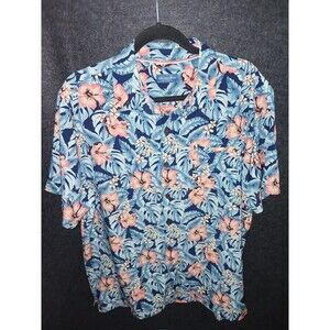 Caribbean Joe Hawaiian Shirt Large Men's Stretch Short Sleeve Floral Palm Leaves
